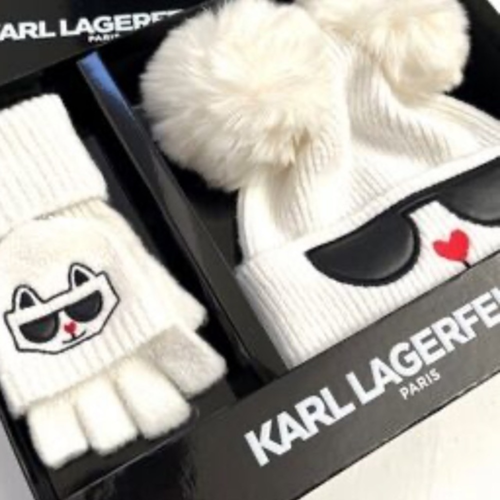 KARL LAGERFELD PARIS 2 pc Hat + Gloves Box Set Choupette Cat Patch White Knit